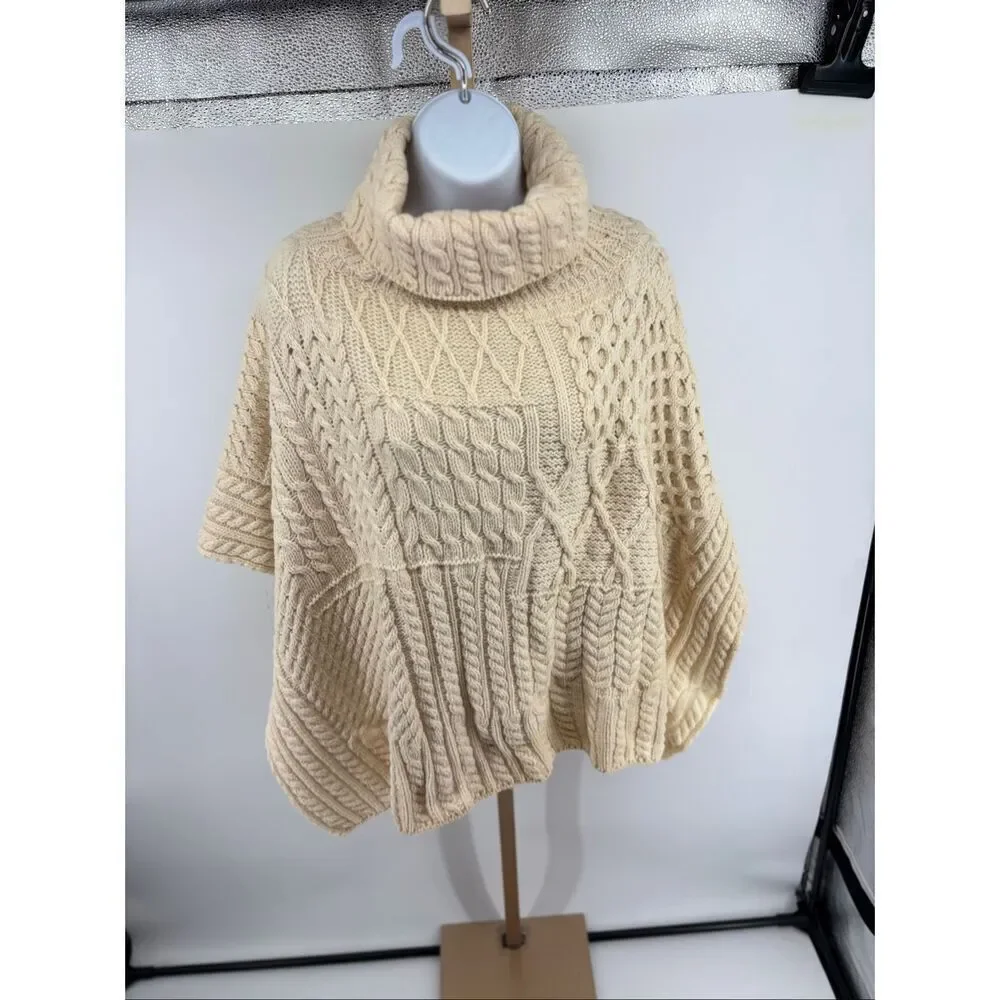 Carraig Donn Merino Wool Cable Knit Poncho Cape Turtleneck OS Made in Ireland